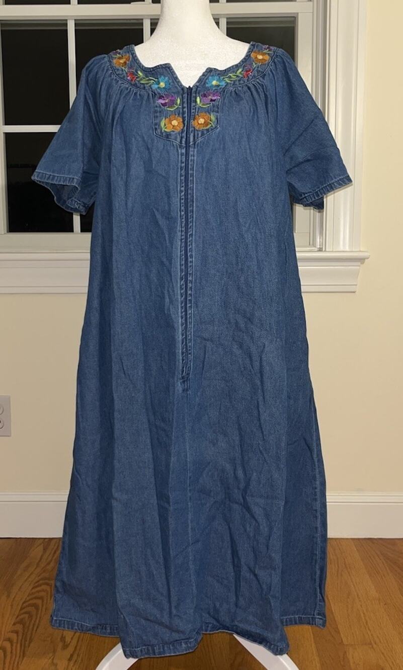 National Vintage Blue Denim Floral Embroidered Pocket Duster Dress Zip Up Sz M